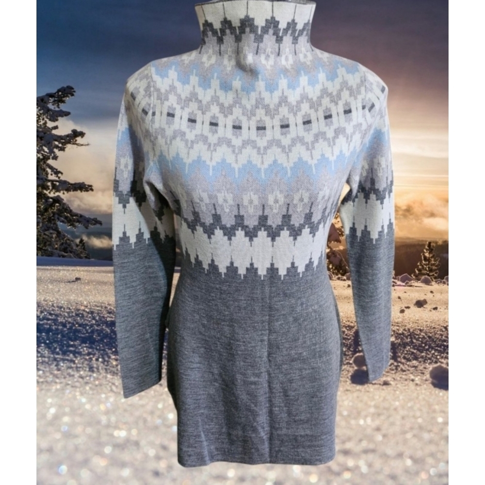 Icelandic Design Merino Wool Mock Neck Sweater dress Gray & Blue Size S - Picture 11 of 11